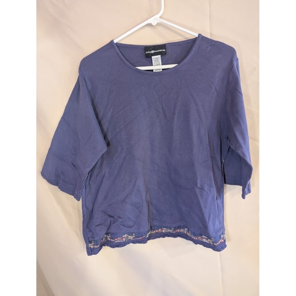 Sag Harbor Women's 3/4 Sleeve Blue Cotton Top Lace Hem Size M - Picture 1 of 3